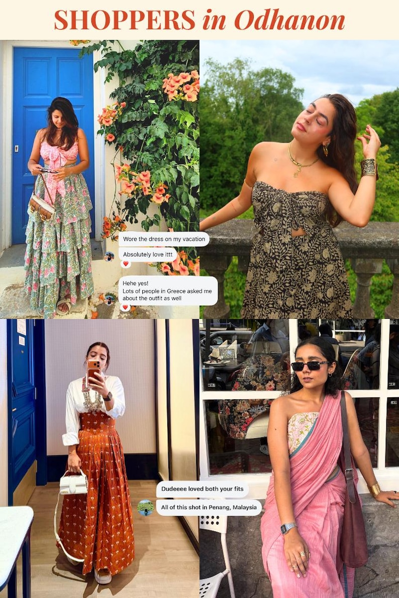 May include: A collage of four images featuring women in various outfits. The top left shows a woman in a pink top and a tiered floral skirt. The top right shows a woman in a black and beige strapless dress. The bottom left shows a woman in a white shirt and a long orange skirt. The bottom right shows a woman in a pink sari. The text "SHOPPERS in Odhanon" is at the top.