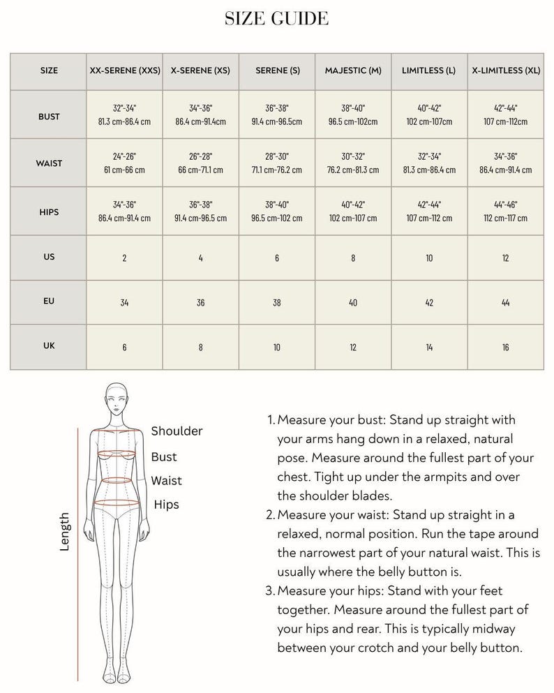 Peut inclure: Un tableau de guide des tailles avec des mesures en centim&egrave;tres. Le tableau comprend les mesures de la poitrine, de la taille et des hanches, ainsi que les tailles US, EU et UK. Des instructions sur la fa&ccedil;on de mesurer sont &eacute;galement incluses.