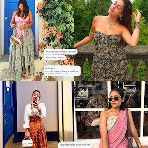 Peut inclure: Image pr&eacute;sentant des t&eacute;moignages de clients. Quatre personnes portent diff&eacute;rentes tenues : une robe &agrave; fleurs rose et verte, une robe bustier noire et beige &agrave; motifs, une chemise blanche et une jupe orange, et un sari rose. Le texte comprend les commentaires des clients.
