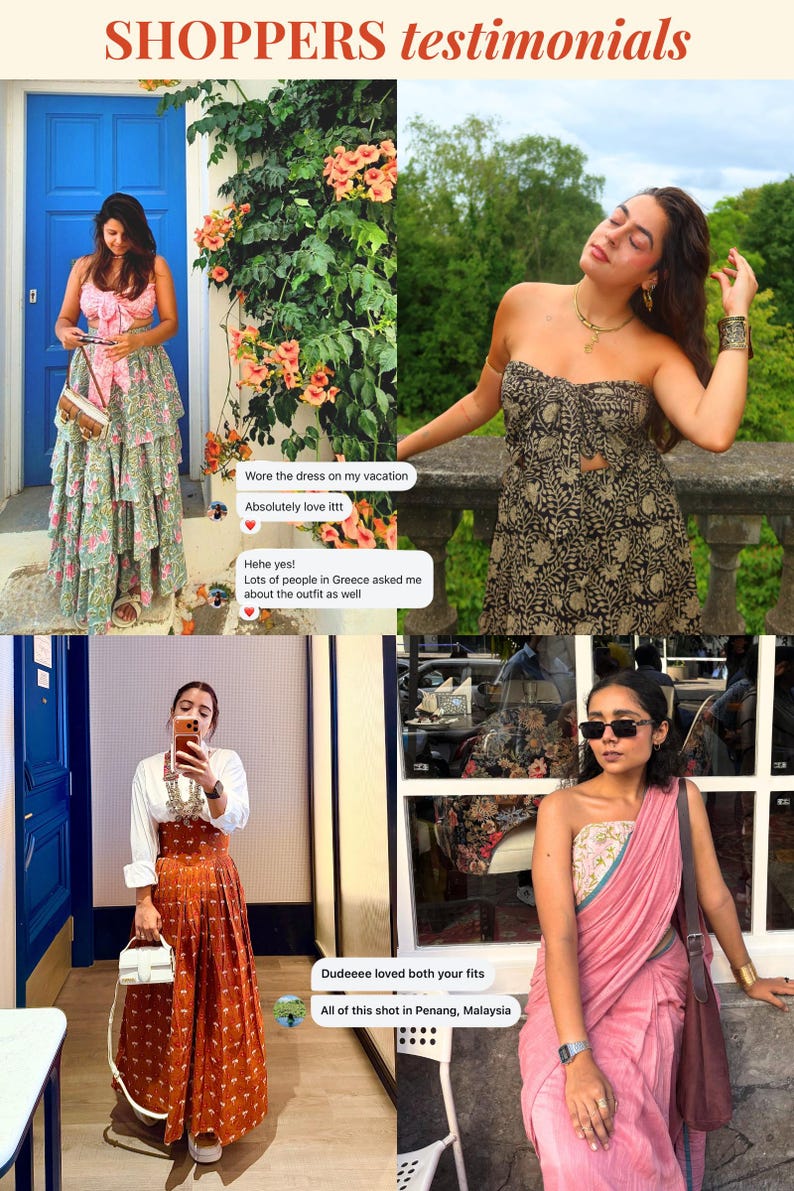 Peut inclure: Image pr&eacute;sentant des t&eacute;moignages de clients. Quatre personnes portent diff&eacute;rentes tenues : une robe &agrave; fleurs rose et verte, une robe bustier noire et beige &agrave; motifs, une chemise blanche et une jupe orange, et un sari rose. Le texte comprend les commentaires des clients.