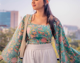 Floral Summer Top in Green Hand Block Printed Cotton for Women with Bell Sleeves and Sqaure Neckline for Summer | Trendy Bohemian Blouse