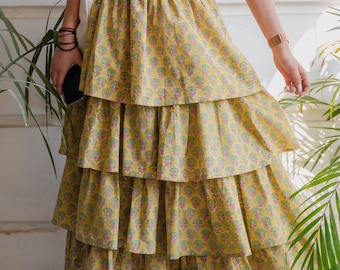 Gonna lunga indiana da donna – Abito da viaggio/vacanza in stile boho con stampa a blocchi