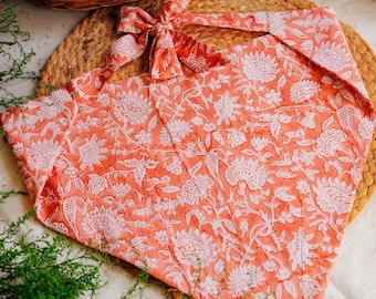 Hand Block Printed Cotton Bandana | Peach Floral Head Scarf, Boho Hair Accessory