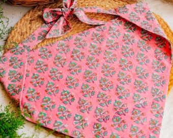 Block Printed Bandana in Cotton for Women | Pink Triangle Head Scarf for Summer Vacation