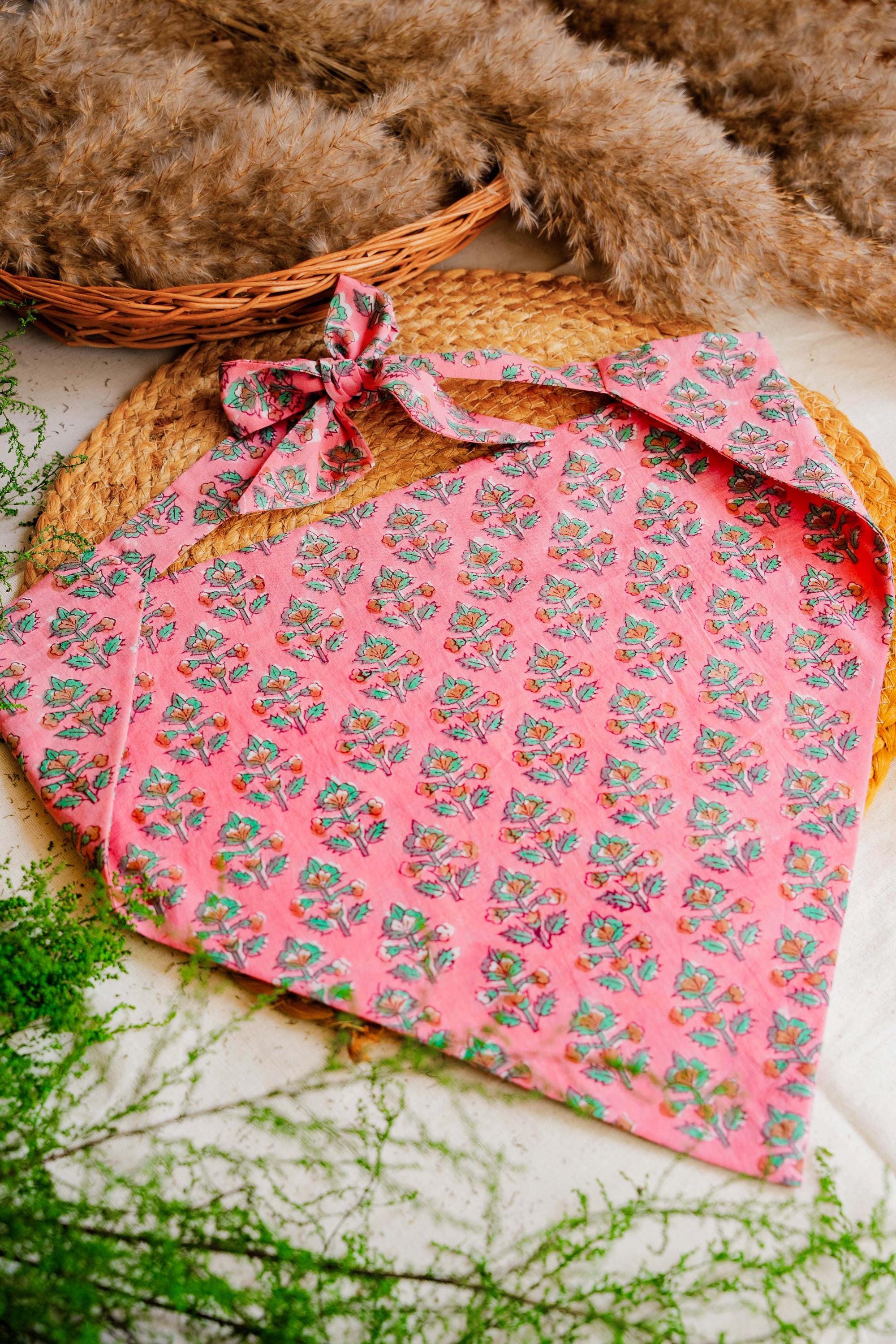 Block Printed Bandana in Cotton for Women Pink Triangle Head Scarf for Summer Vacation