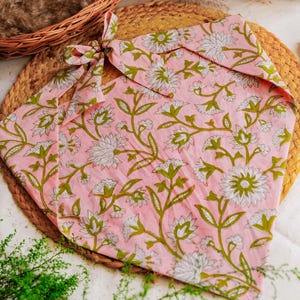 Pink hippie bandana with green florals hand block printed on cotton for summer hair fashion of women- Odhanon