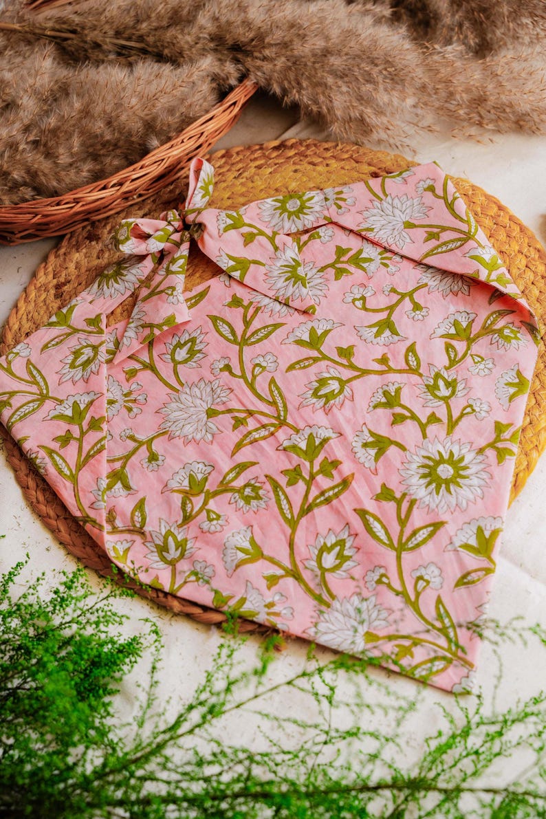 Pink hippie bandana with green florals hand block printed on cotton for summer hair fashion of women- Odhanon