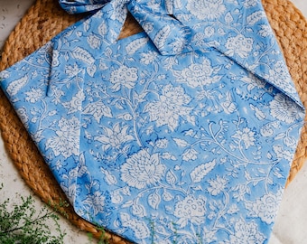 Blue Floral Block Print Cotton Bandana | Women's Handcrafted Head Scarf