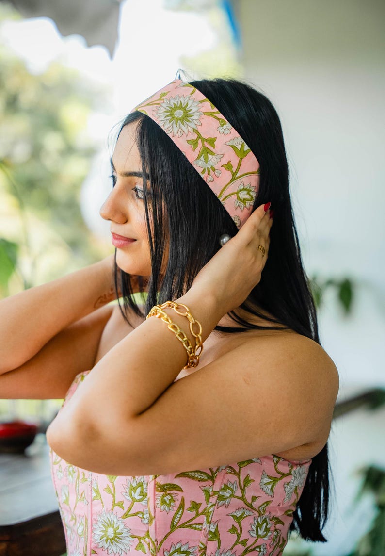 Pink and green headband bandana with tie up feature and triangle shape for women hair fashion- Odhanon