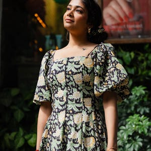 Black Floral Corset Dress with Detachable Puff Sleeves for Womens Garden Party | Elegant Spring Cocktail Dress in Hand Block Print Cotton