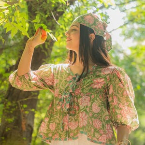 Green boho bandana with pink florals hand block printed oncotton for women hair fashion- Odhanon