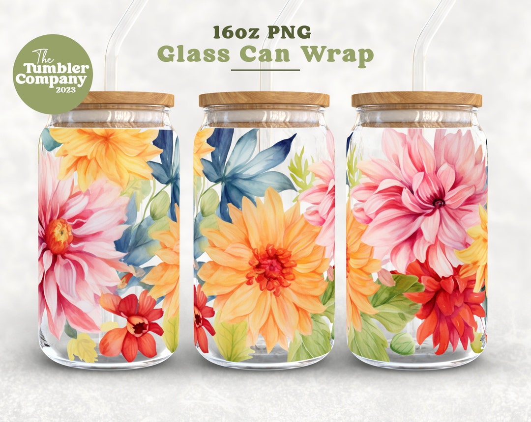 Flower Pattern 16oz Glass Libbey Can Tumbler Sublimation Wrap Png ...