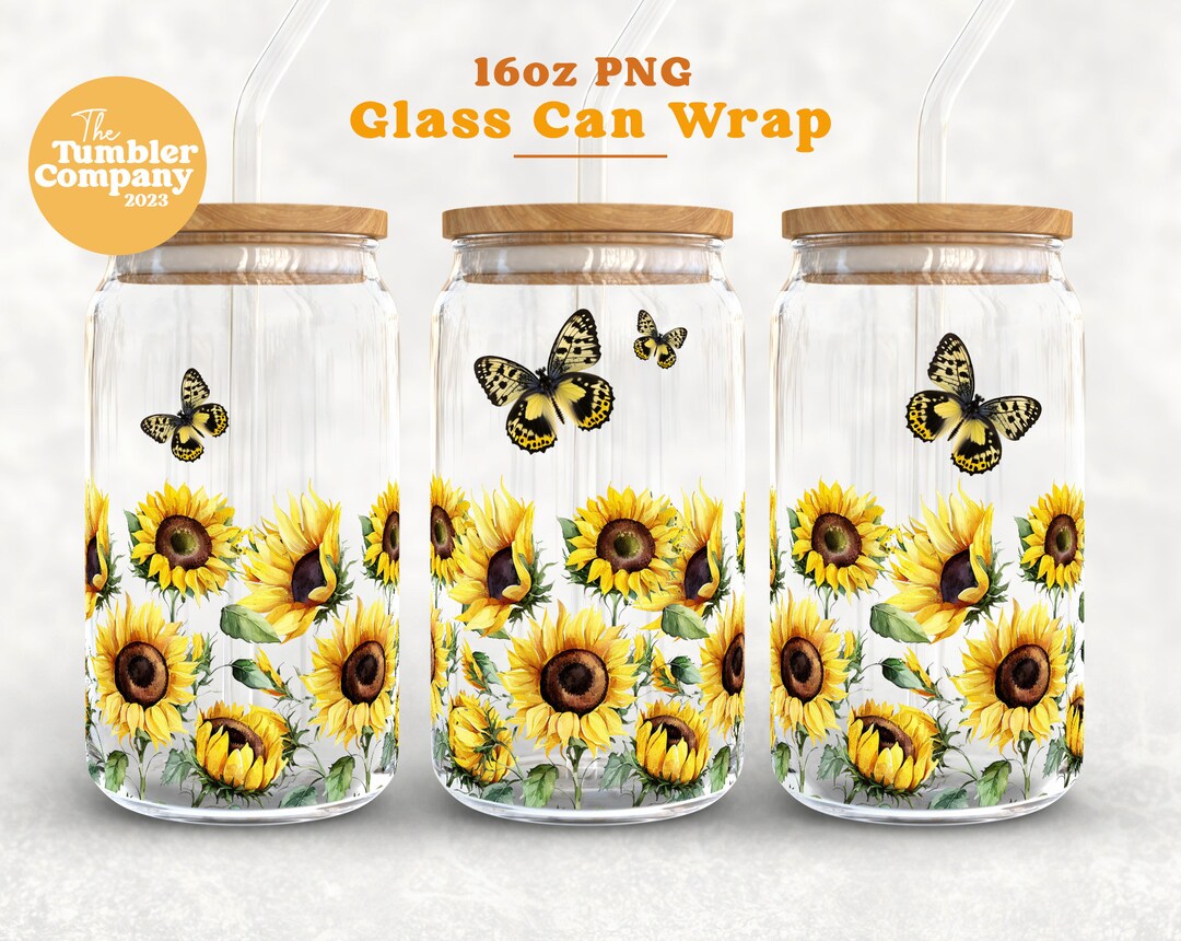 Butterflies and Sunflowers 16oz Glass Libbey Can Tumbler Sublimation ...