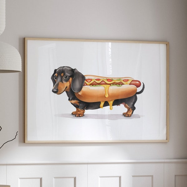 Dachshund Hot Dog Watercolor Illustration | Miniature Wiener Dog Painting | Digital Printable Sausage Dog Wall Art | #64