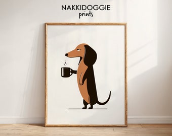 Gráfico divertido de café matutino de perro salchicha / Arte de pared SVG imprimible de perro salchicha / Linda ilustración SVG