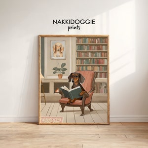 Dachshund Reading Book Painting | Miniature Wiener Dog | Digital Printable Sausage Dog Kid's Room Artwork | #60