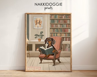 Pintura de perro salchicha leyendo un libro / Perro salchicha miniatura / Ilustración de perro salchicha imprimible digitalmente para habitación infantil / N.° 60