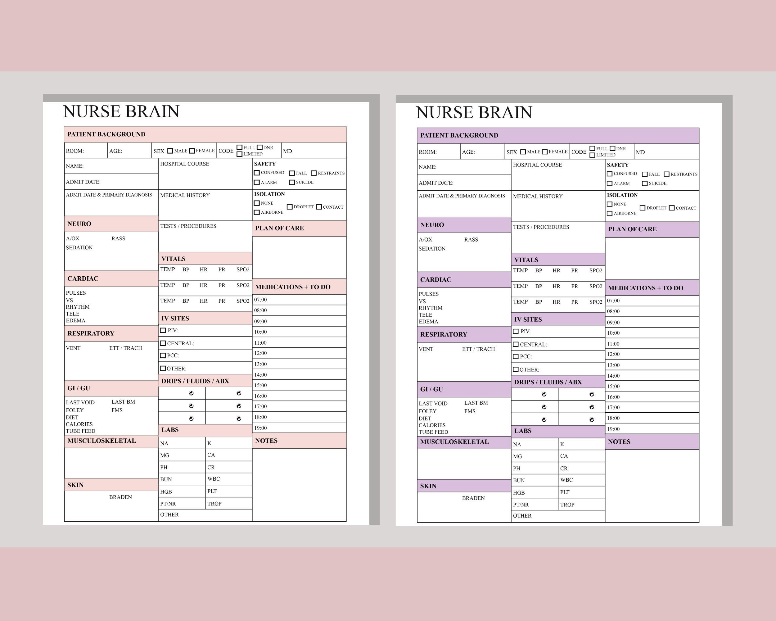 Printable Nursing Report Sheet, Nurse Brain Sheet, Nursing Report Sheet ...