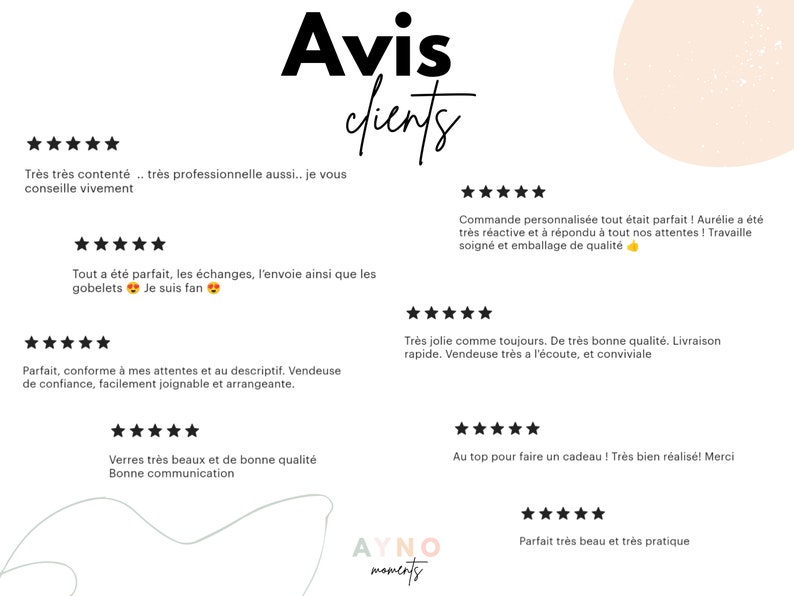 Op de afbeelding: Vijf sterren klantbeoordelingen voor een bedrijf genaamd "AYNO moments". De beoordelingen benadrukken positieve ervaringen met het bedrijf, waaronder uitstekende klantenservice, hoogwaardige producten en snelle levering.
