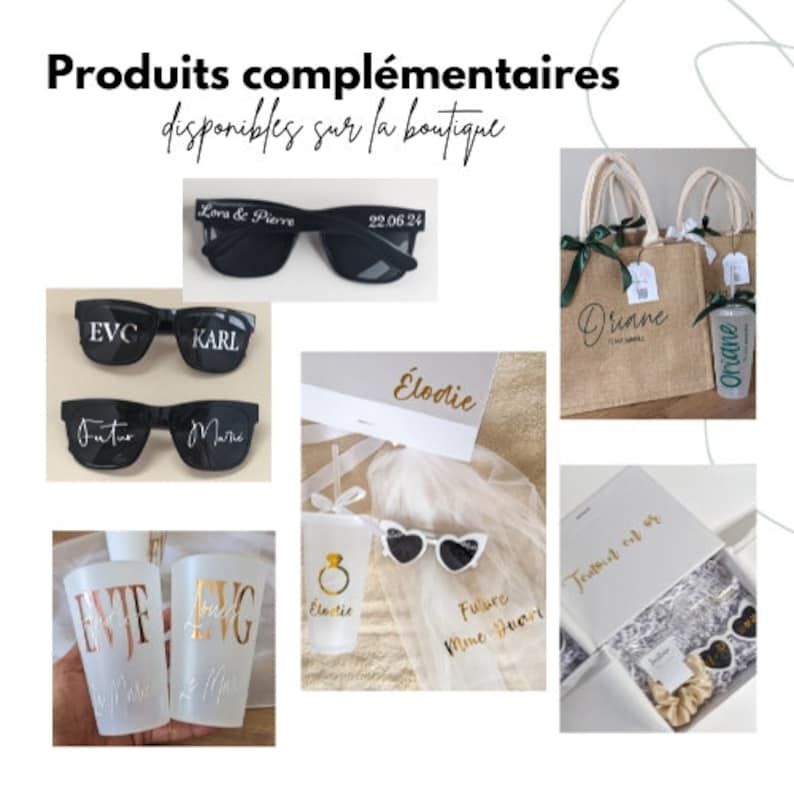 Op de afbeelding: Een verzameling gepersonaliseerde feestcadeaus, waaronder zonnebrillen, draagtassen, bekers en een sluier. De artikelen dragen de namen "Elodie", "Driane", "Future Mrs", "EVC", "Karl", "Futur", "Marie", "Love & Pierre" en "22.06.24".