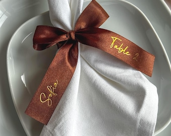 Custom Satin Bow Wedding Name Place Tag Wedding Decor Table Copper Satin Ribbon Name Tag Ribbon Automnal Wedding Place Card Napkin Holder