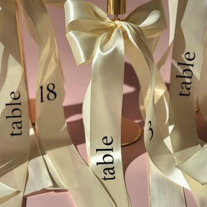 Può includere: Nastri di raso avorio con la parola "table" stampata in nero, attaccati a candelabri dorati. I nastri sono annodati in fiocchi. I numeri 3 e 18 sono stampati sui nastri. Lo sfondo è rosa tenue.