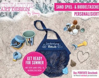 Kinder Buddeltasche mit Name Sandspielzeug Netztasche Personalisiert mit Name Spielplatztasche Sandkasten Tasche Schüppe Förmchen Eimer