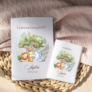 Personalisierte U-Heft Impfpass Hülle im Safari Style – Mit Name  Geburtsdatum für Dein Baby Set | Löwe Tiger Giraffe Elefant Hippo Safari
