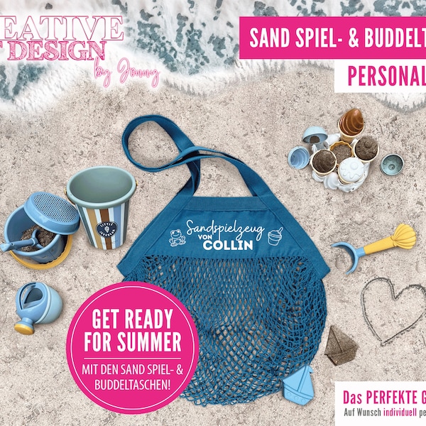 Kinder Buddeltasche Sandspielzeugtasche Netztasche | Wasserspielzeug | Personalisiert mit Name | Strand | Spielplatz |