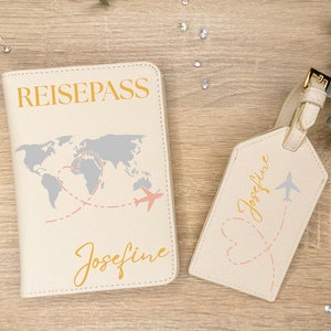 Passport cover personalized with name world map | Passport set luggage tag | Gift idea for mom | Mother's Day | White Cream Gray Black