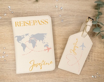 Reisepasshülle personalisiert mit Name Weltkarte | Reisepass-Set Kofferanhänger | Geschenkidee Mama | Muttertag | Weiss Creme Grau Schwarz