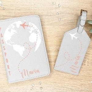 Passport cover personalized with name world map airplane | Luggage tag | Gift idea | Cover for passport | Holiday gift | Gray