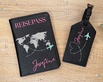 Passport cover personalized with name world map airplane I | Luggage tag | Gift idea | Passport cover | Gift holiday black