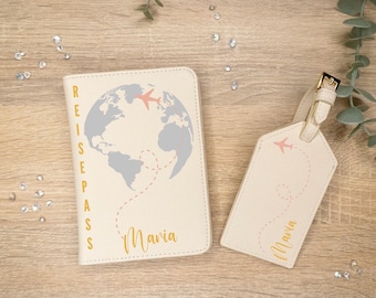 Passport cover personalized with name World Map Airplane II | Luggage tag | Gift idea | Passport cover | Gift holiday | cream