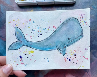 Watercolor Whale, Sperm Whale in A6 ~ Hand Painted ~ Postcard ~ Greeting Card ~ Watercolor ~ Original Painting ~ Mini Artwork