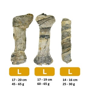 May include: Three different sizes of dried fish bones, each wrapped in a natural material. The bones are labeled with their length and weight in centimeters and grams.  L 17-20 cm 45-65 g, L 17-19 cm 60-65 g, L 14-16 cm 25-30 g.