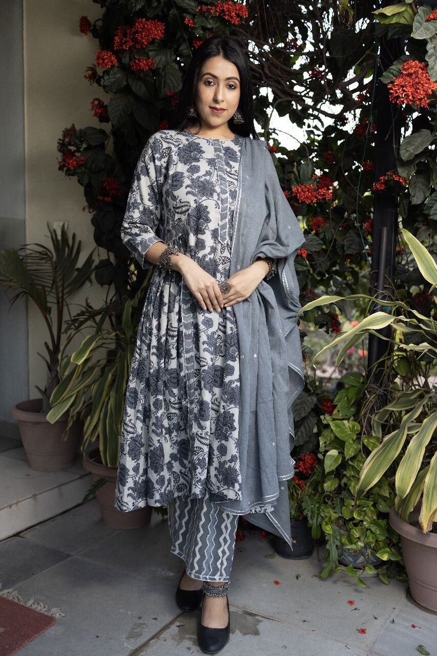Grey Cotton Printed Suit Set