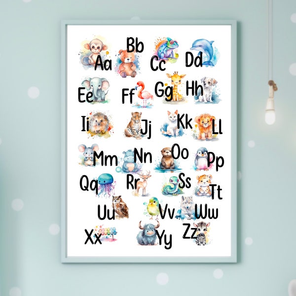 ABC Alphabet Poster Kunstdruck, Tieralphabet, Buchstaben, A-Z, Alphabetposter, Buchstabenposter, Kinderzimmer, Aquarell Illustratrion Plakat