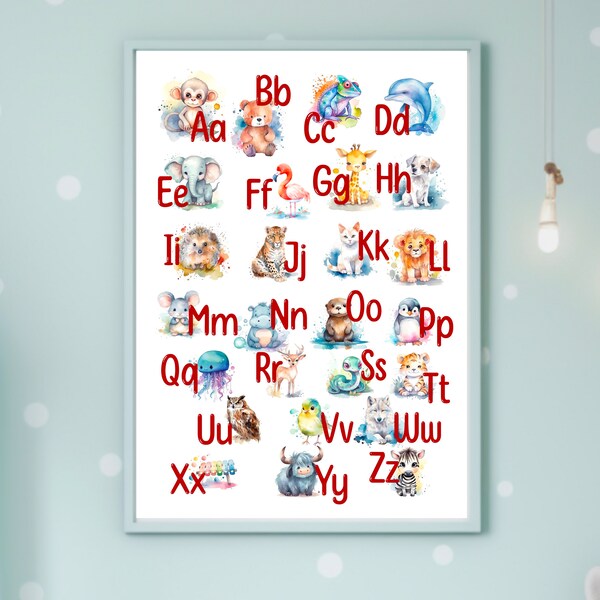 ABC Alphabet Poster Kunstdruck, Tieralphabet, Buchstaben, A-Z, Alphabetposter, Buchstabenposter, Kinderzimmer, Aquarell Illustratrion Plakat