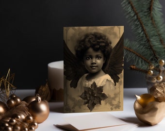 Tarjeta de Navidad imprimible vintage Angel, Black Girl, x-mas, Weihnachten, Engel, Karte, POC, Descarga digital instantánea