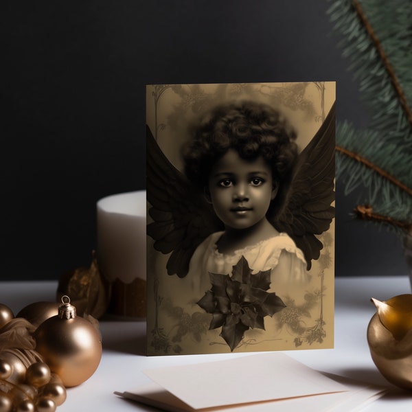 Vintage printable Christmas Card Angel, Black Girl, x-mas, Weihnachten, Engel, Karte, POC, Instant digital download