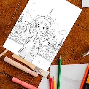 Islamic Coloring Page for Kids, Boy in Thawb, mosque, Islamische Ausmalbilder, Ramadan Malvorlage für muslimische Kinder, printable,download