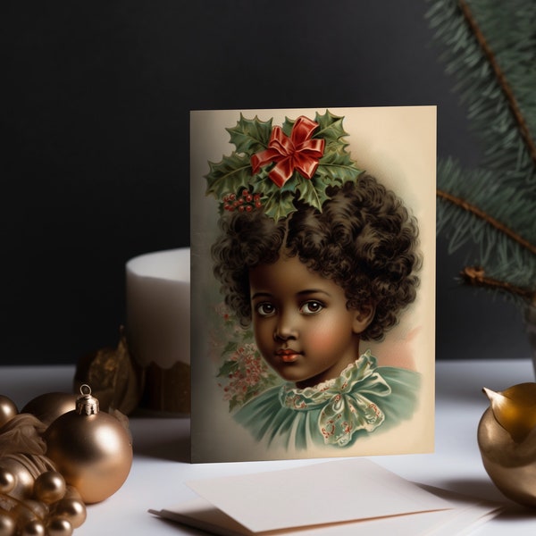 Vintage printable Christmas Card, Black Girl, Angel, x-mas, Weihnachten, Engel, Karte, POC, Instant digital download