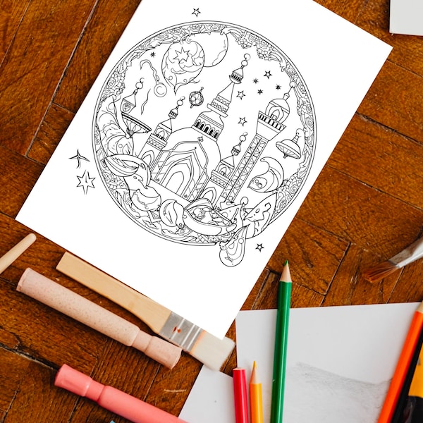 Masjid Islamic Coloring Page for Kids, Mosque, Moschee, Islamische Ausmalbilder,Ramadan Malvorlage für muslimische Kinder,printable,download