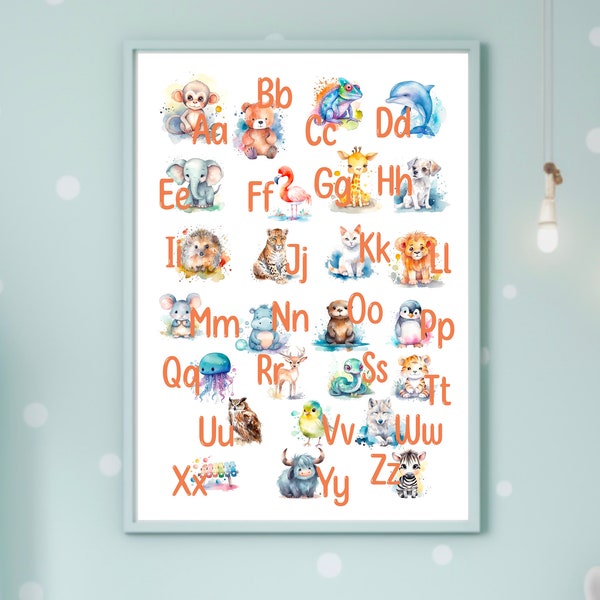 ABC Alphabet Poster Kunstdruck, Tieralphabet, Buchstaben, A-Z, Alphabetposter, Buchstabenposter, Kinderzimmer, Aquarell Illustratrion Plakat