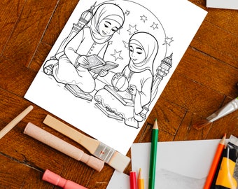 Islamic Coloring Page, Muslim woman,kid ,Mosque, Hijab, Islamische Ausmalbilder,Ramadan Malvorlage für muslimische Kinder,printable,download