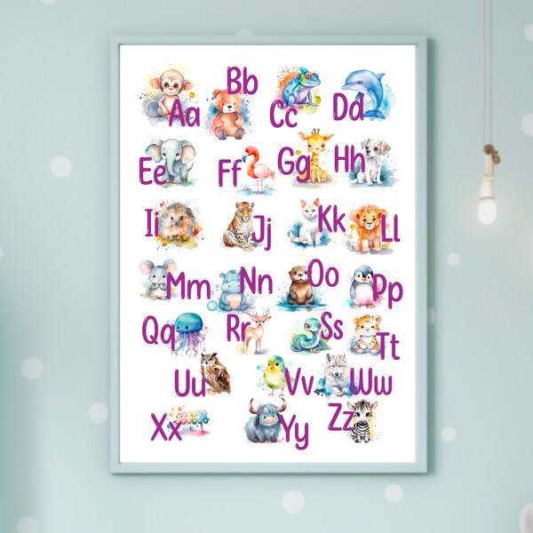 ABC Alphabet Poster Kunstdruck, Tieralphabet, Buchstaben, A-Z, Alphabetposter, Buchstabenposter, Kinderzimmer, Aquarell Illustratrion Plakat