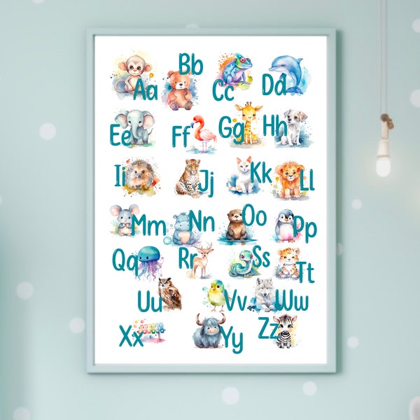 ABC Alphabet Poster Kunstdruck, Tieralphabet, Buchstaben, A-Z, Alphabetposter, Buchstabenposter, Kinderzimmer, Aquarell Illustratrion Plakat
