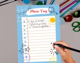 Kinder Tagesplan To Do List Morgen Abend Routine Abhaken Aufgaben Schreiben Lernen 1. Klasse Vorschule Kita Kindergarten PDF Ausdruck Blau