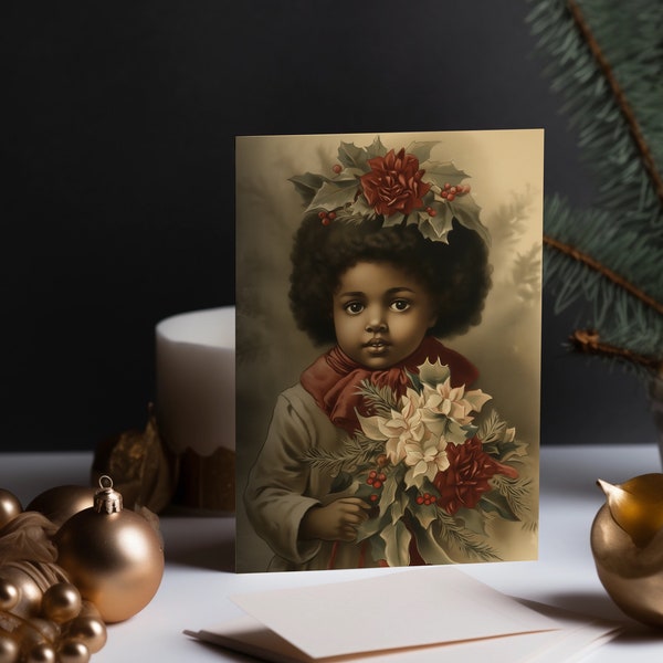 Vintage printable Christmas Card, Black Girl, Angel, x-mas, Weihnachten, Engel, Karte, POC, Instant digital download